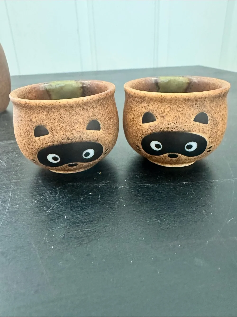 Set of 3 PCS. Japanese Porcelain Sake Bottle & Cups Tanuki Raccoon Made in Japan